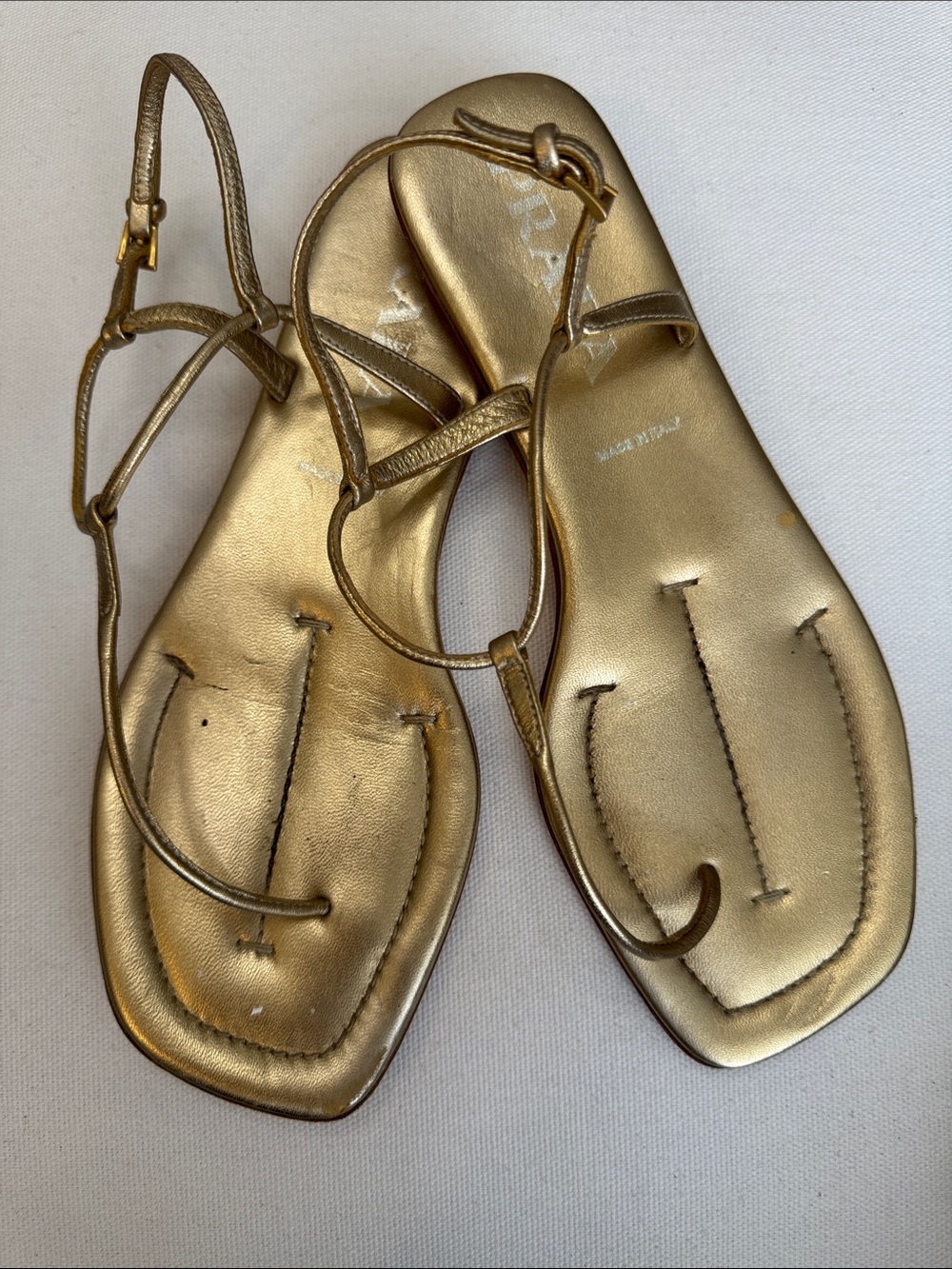 Prada Metallic Gold Leather Strappy T-Strap Flat Gladiator Thong Sandals